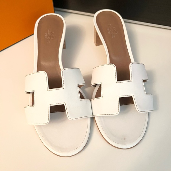 ❌SOLD❌Hermes Oasis White Calfskin Leather Iconic H Sandal Heel 38 Made in Italy - Picture 2 of 7